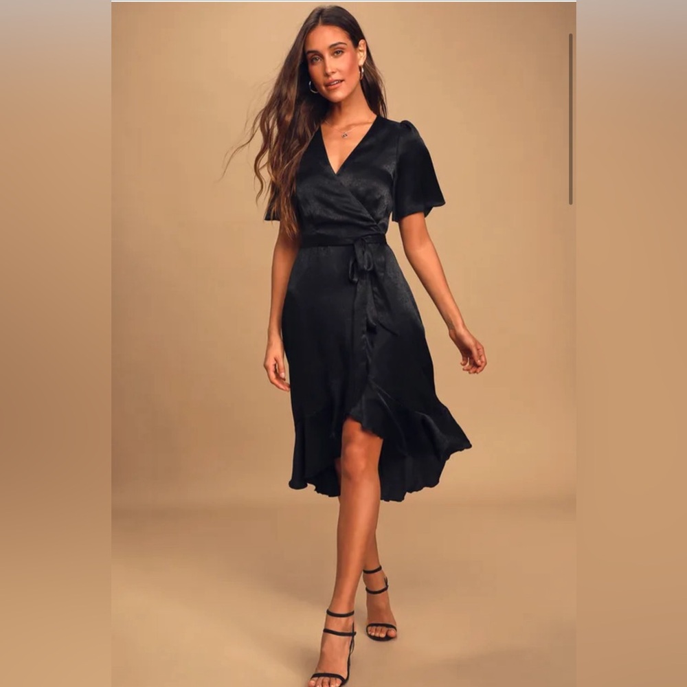 Wrapped Up In Love Black Satin Faux Wrap Mini Dress